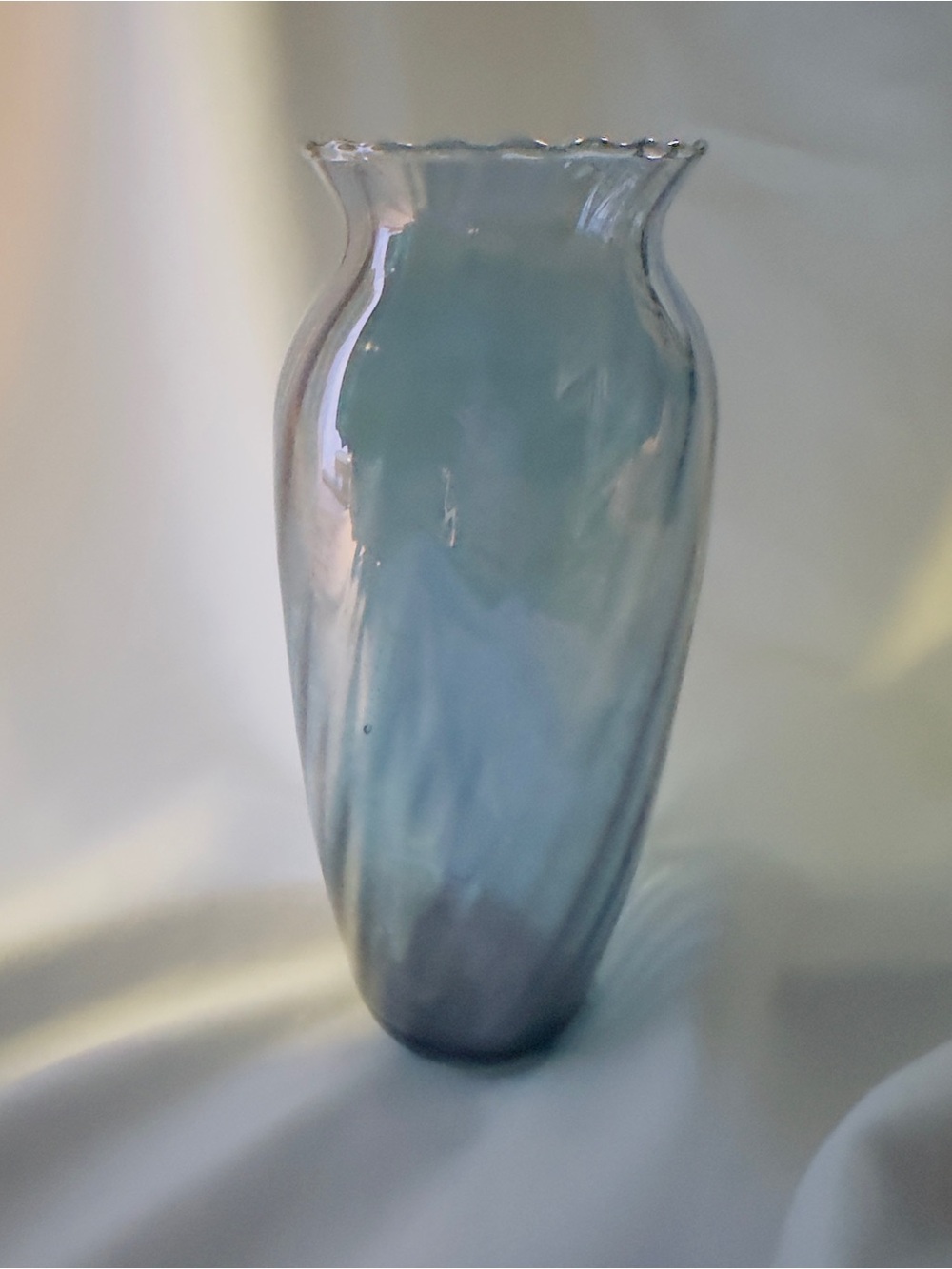 Blue Art Glass Vase 7" Swirl Glass Iridescent Ruffled Rim Mexico Hand Made